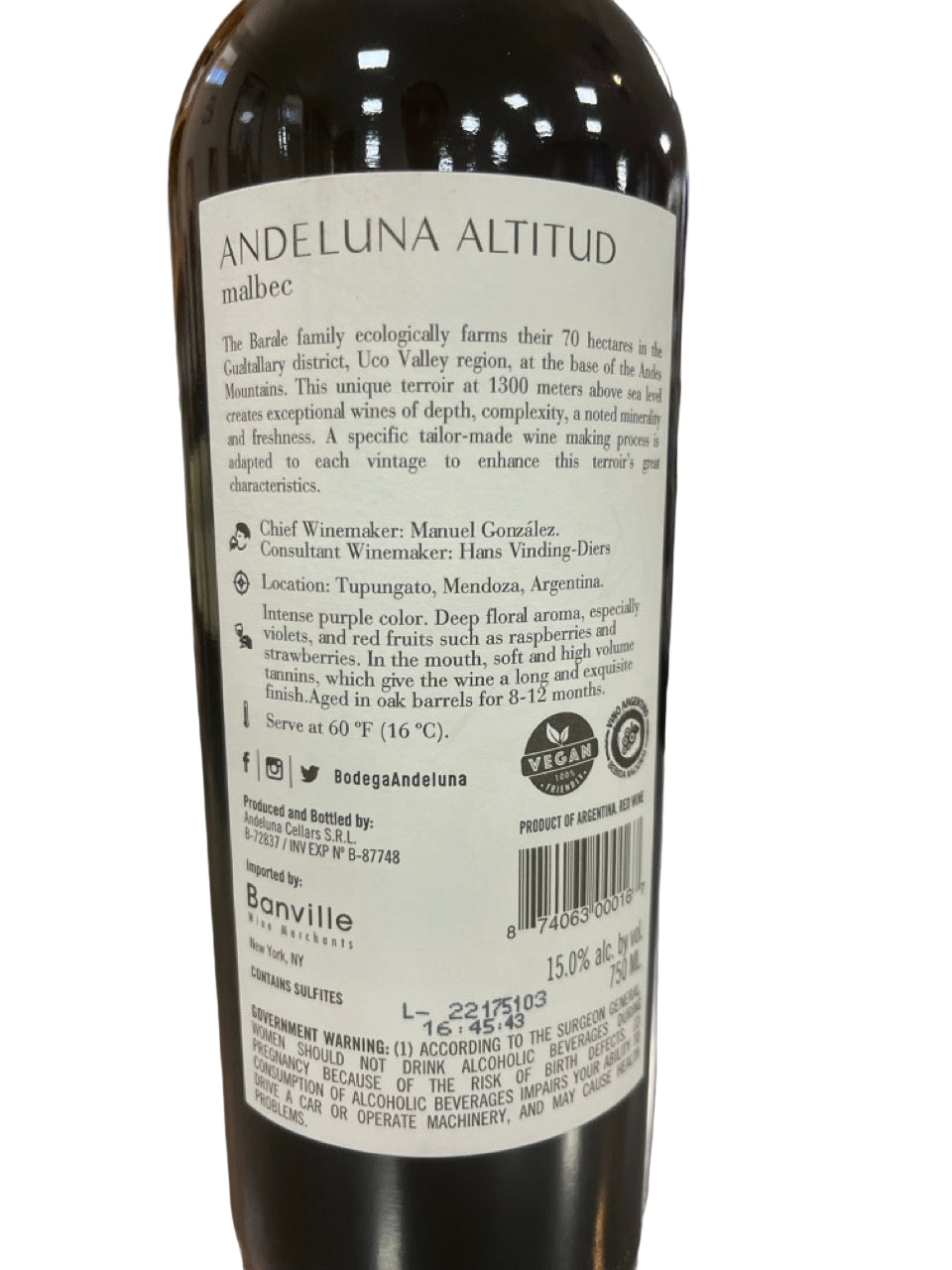Andeluna Altitud Malbec 2020 750ml