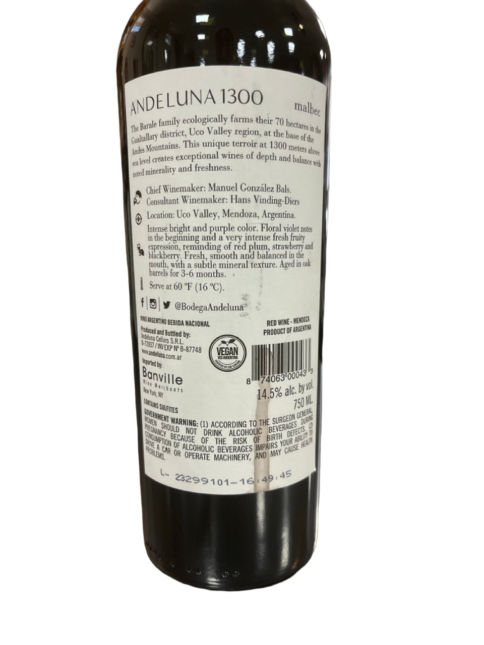 Andeluna 1300 Malbec 2022 750ml