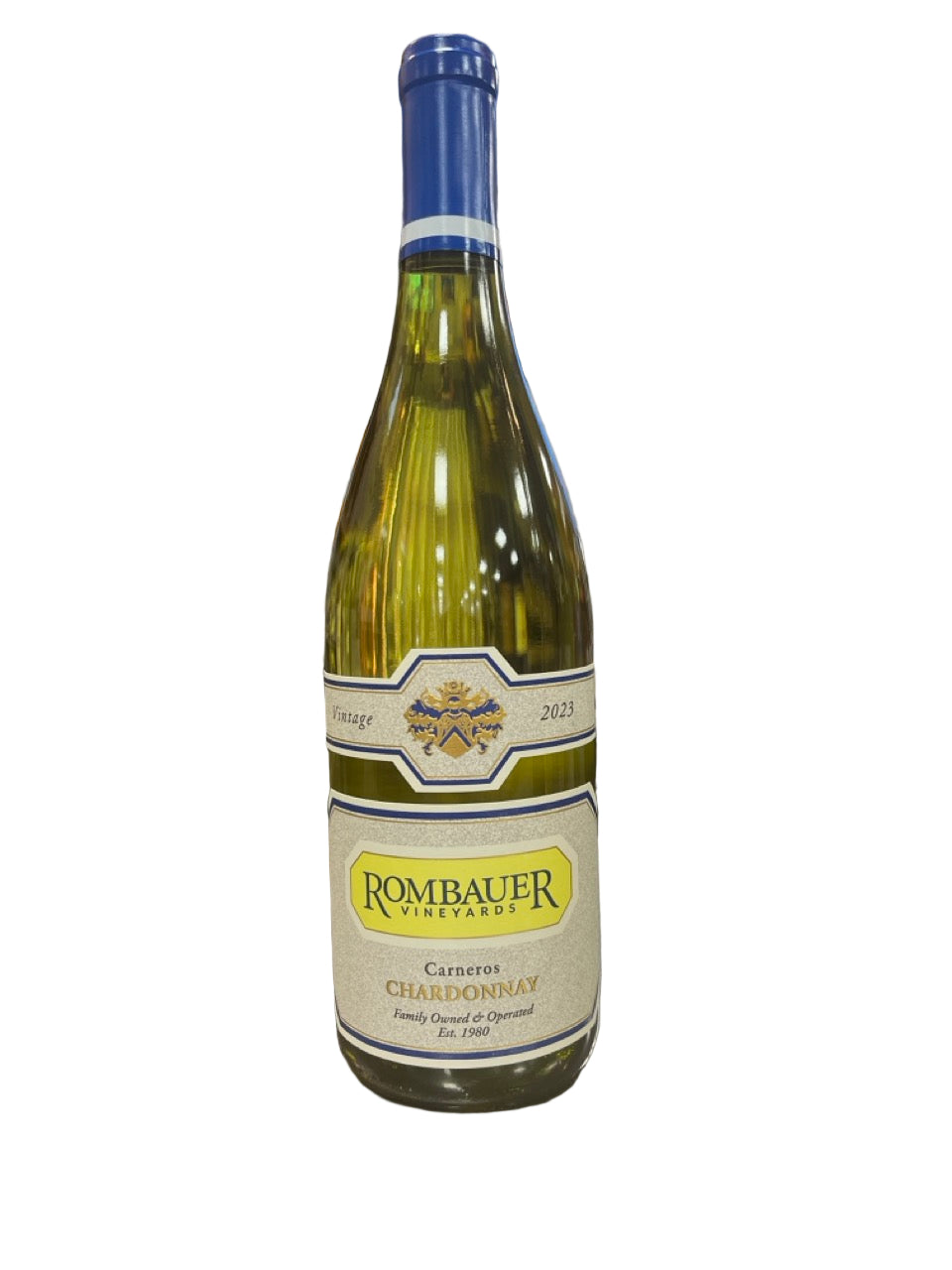 Wine bottle with Rombauer label on a white background