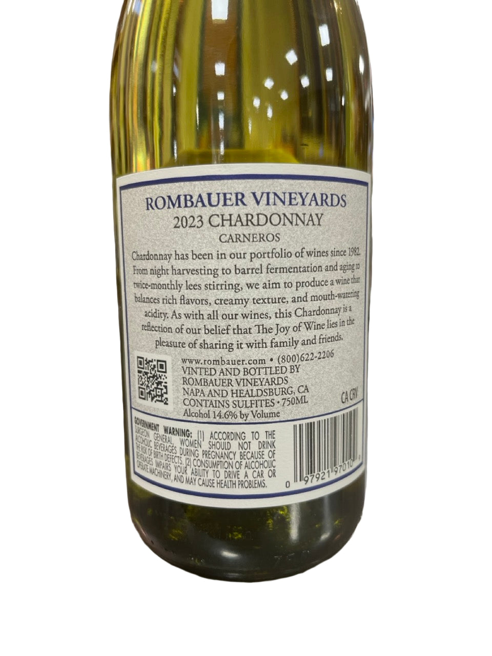 Wine bottle label for Rombauer Vineyards 2023 Chardonnay on a white background