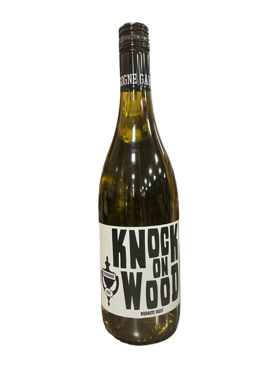 Wine bottle with 'Knock on Wood' label on a white background