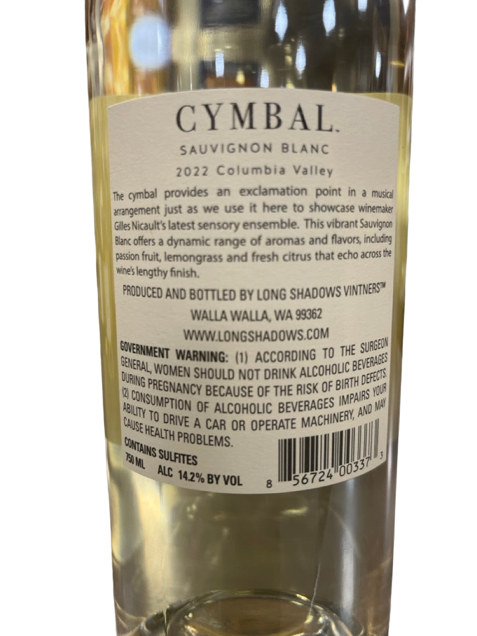 Cymbal Sauvignon Blanc wine bottle label with text and branding.